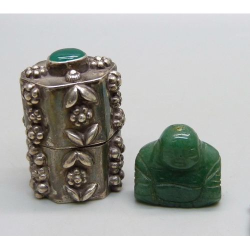 1013 - A silver pill box with a cabochon chrysoprase set lid, a carved jadeite buddha, a pair of Eastern fi... 