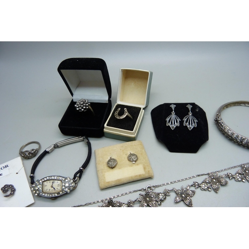 1014 - A collection of silver and marcasite jewellery and a cocktail wristwatch