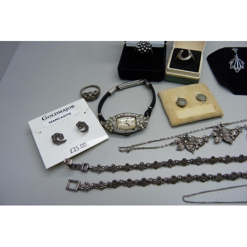 1014 - A collection of silver and marcasite jewellery and a cocktail wristwatch