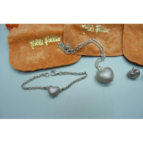 1030 - A Folli Follie silver necklace, bracelet and earrings set, boxed