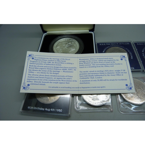 1034 - A silver proof 1986 Prince Andrew and Sarah Ferguson Royal Wedding medallion, 37g, and six crowns