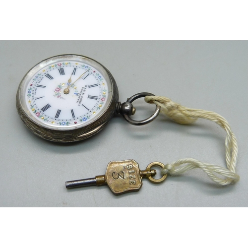 1044 - A .935 silver fob watch with enamel dial marked Kay & Company, Worcester, with key