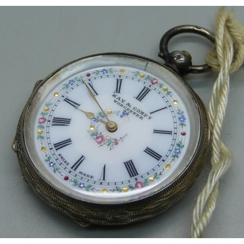 1044 - A .935 silver fob watch with enamel dial marked Kay & Company, Worcester, with key