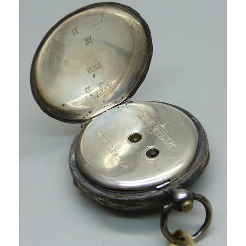 1044 - A .935 silver fob watch with enamel dial marked Kay & Company, Worcester, with key