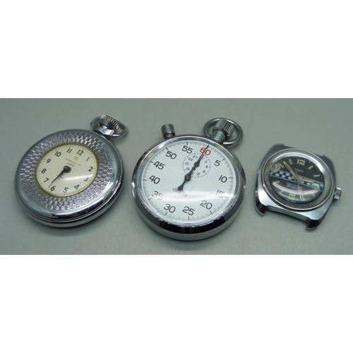 1055 - A Timex Grand Prix wristwatch head, a Mentor stop watch and an Ingersoll pocket watch