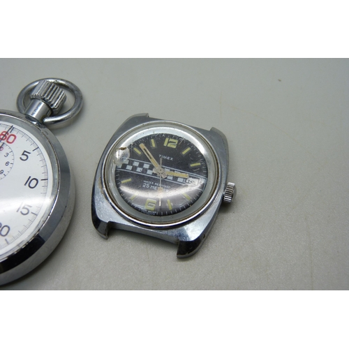 1055 - A Timex Grand Prix wristwatch head, a Mentor stop watch and an Ingersoll pocket watch