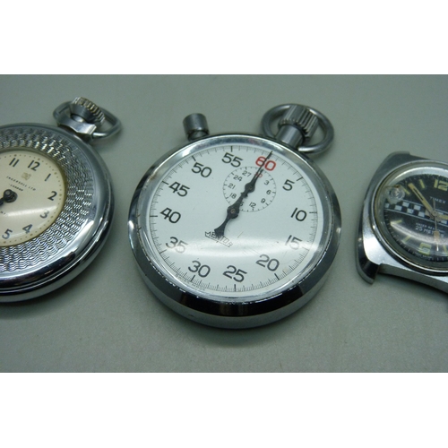 1055 - A Timex Grand Prix wristwatch head, a Mentor stop watch and an Ingersoll pocket watch