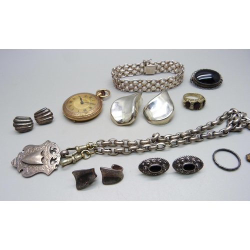 1056 - A silver fob on a white metal chain with base metal dog clips, a top-wind fob watch, four pairs of s... 