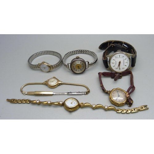 1058 - A 9ct gold cased lady's Rotary wristwatch on a plated strap, a silver cased Medana wristwatch (back ... 