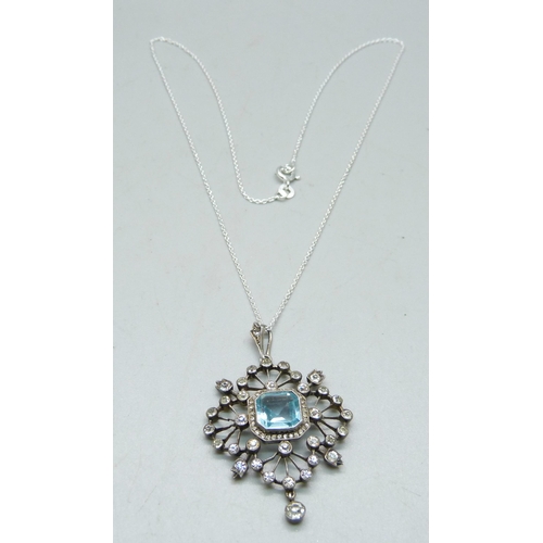 1066 - An Edwardian .900 silver and paste set pendant, on modern silver chain, 5cm pendant drop, 9.5g