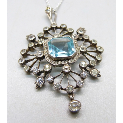 1066 - An Edwardian .900 silver and paste set pendant, on modern silver chain, 5cm pendant drop, 9.5g