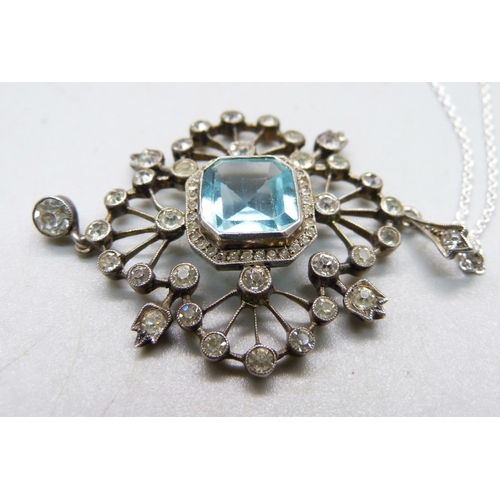 1066 - An Edwardian .900 silver and paste set pendant, on modern silver chain, 5cm pendant drop, 9.5g