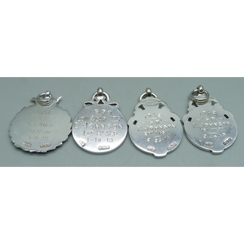 1071 - Four silver cycling fobs, Broad Oak Road Club, all with inscriptions, 34g