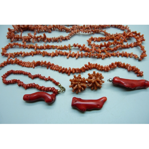 1080 - Five coral necklaces, a bracelet, a pair of earrings and three pieces of coral