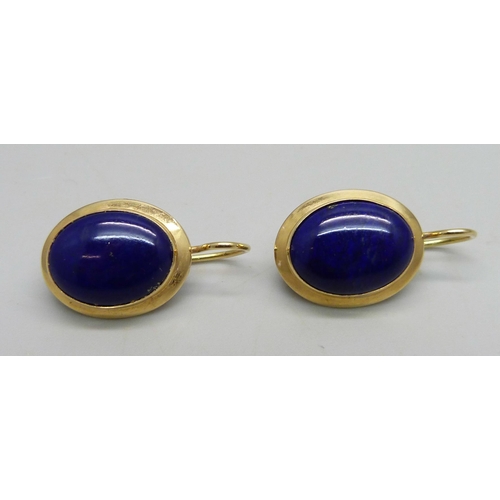 1101 - A pair of 18ct gold and lapis lazuli earrings, 6.1g, stones 1.1x1.5 cm