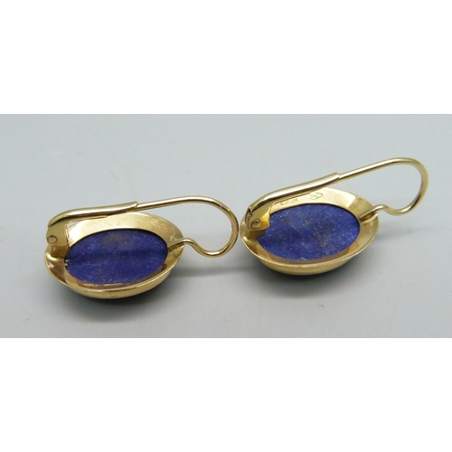 1101 - A pair of 18ct gold and lapis lazuli earrings, 6.1g, stones 1.1x1.5 cm