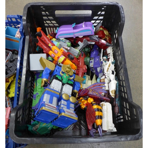 1102 - A box of mixed die-cast model vehicles, Matchbox, etc., and a box of Transformer figures **PLEASE NO... 