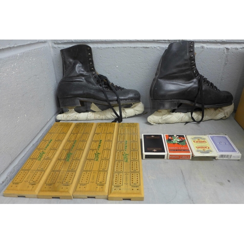 1112 - A pair of ice skates, four cribbage boards and two packs of playing cards **PLEASE NOTE THIS LOT IS ... 