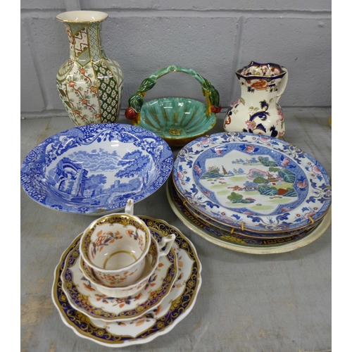 1129 - A box of decorative china, Mason's Applique vase, Mandalay jug, Spode's Italian bowl, a pair of iron... 