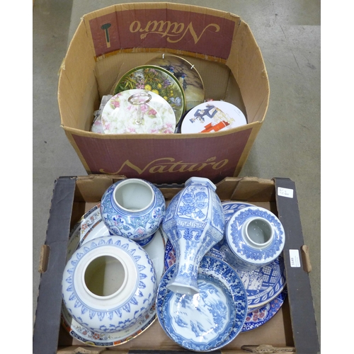 1149 - Two boxes of mixed china including blue and white oriental, a box of china and enamel thimbles, ging... 