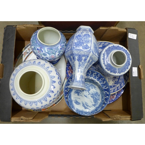 1149 - Two boxes of mixed china including blue and white oriental, a box of china and enamel thimbles, ging... 