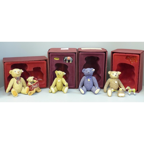 604 - Four Steiff porcelain Teddy bears, Lavender, 1904 Barle, Brown Tipped (legs loose) and Millennium, b... 