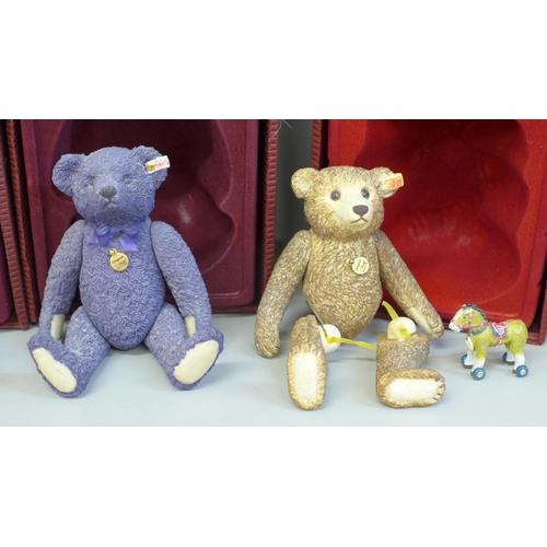 604 - Four Steiff porcelain Teddy bears, Lavender, 1904 Barle, Brown Tipped (legs loose) and Millennium, b... 