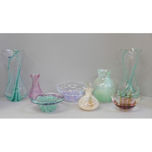 605 - Four Caithness glass vases, (one pair), three bowls and a scent bottle **PLEASE NOTE THIS LOT IS NOT... 