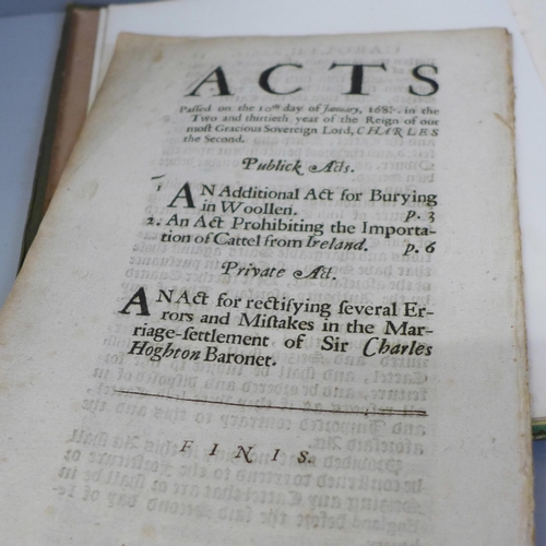 610 - Three late 17th Century Acts of Parliament, Buying In Wool, two others (Acts 29, 30, 31) and a 19th ... 