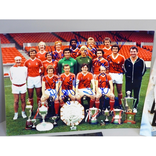 612 - Football autographs, Nottingham Forest team photograph, dressing room with European Cup and four For... 