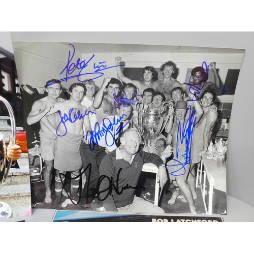 612 - Football autographs, Nottingham Forest team photograph, dressing room with European Cup and four For... 