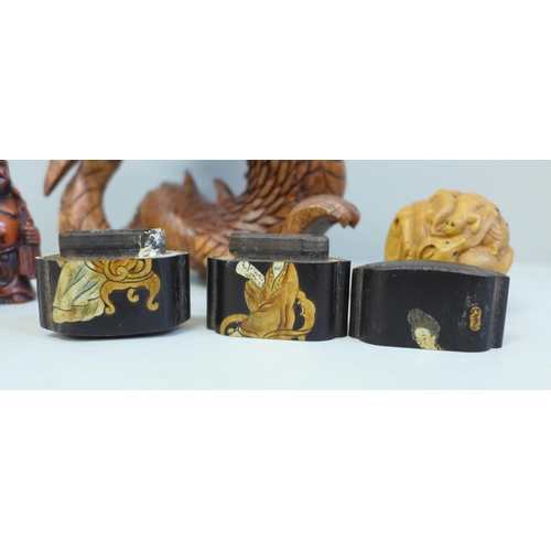 618 - A Chinese carved zodiac ball netsuke, Japanese three section hand painted box, a carved letter stamp... 