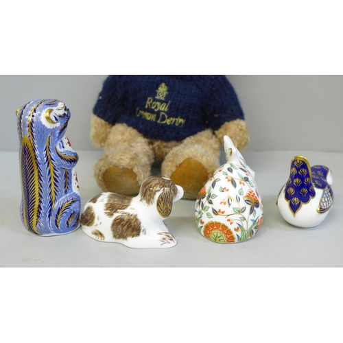 624 - Four Royal Crown Derby paperweights, two with gold stoppers, two with silver stoppers and a Teddy be... 