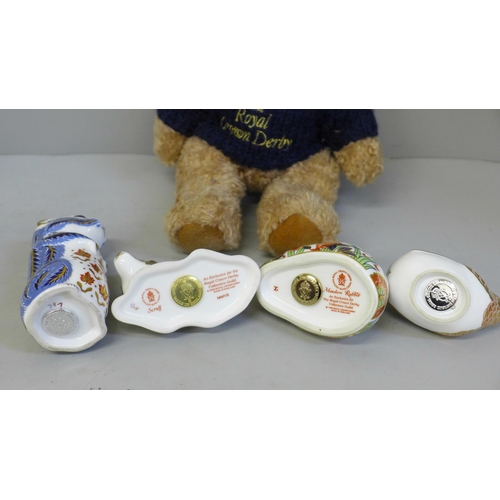 624 - Four Royal Crown Derby paperweights, two with gold stoppers, two with silver stoppers and a Teddy be... 