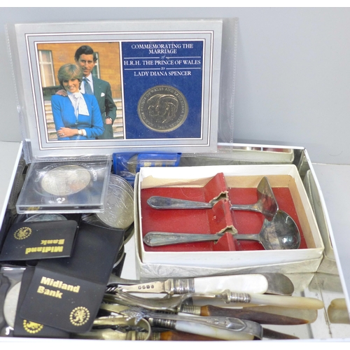 638 - Coins, a tin of commemorative crowns and flatware