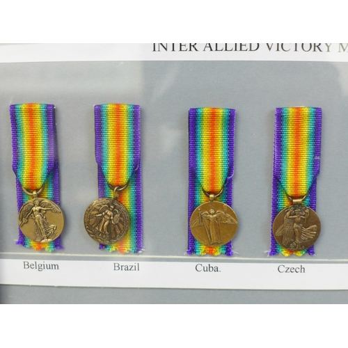 649 - A framed collection of sixteen Allied Victory Medals of WWI miniature medals