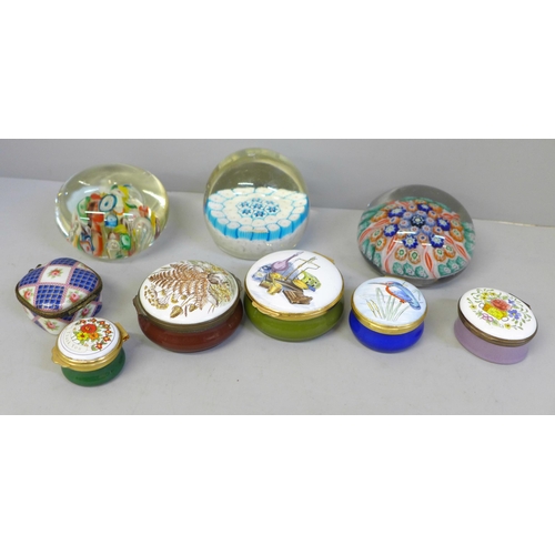 671 - Three glass paperweights and six trinket boxes