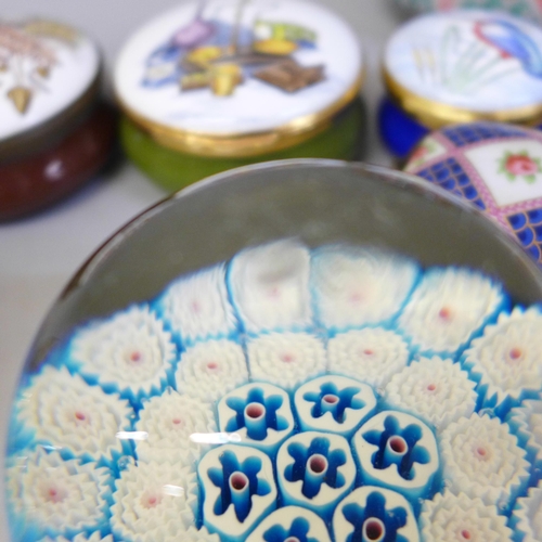 671 - Three glass paperweights and six trinket boxes