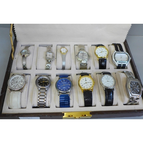 676 - A watch box containing twelve lady's and gentleman's wristwatches including Limit, Pulsar, etc.