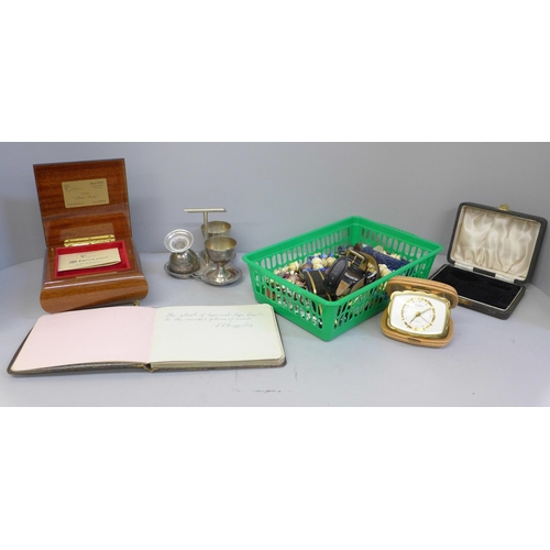 695 - Costume jewellery, a musical box, watches, a keepsake album, etc.