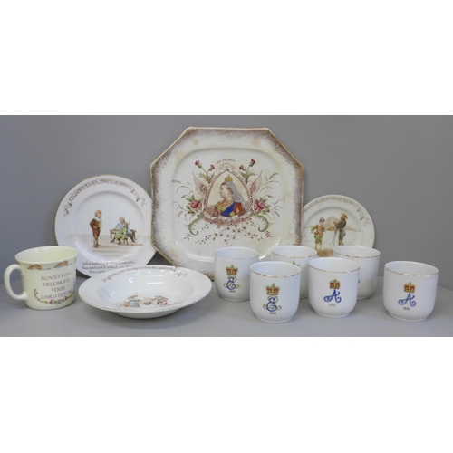 696 - A Royal Doulton Nurseryware bowl and two plates, a modern Bunnykins mug, a Queen Victoria commemorat... 