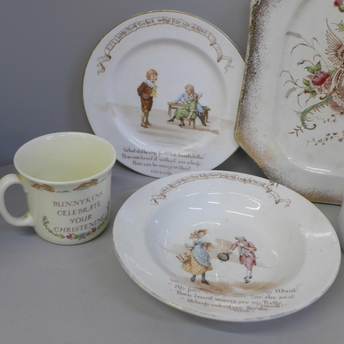 696 - A Royal Doulton Nurseryware bowl and two plates, a modern Bunnykins mug, a Queen Victoria commemorat... 