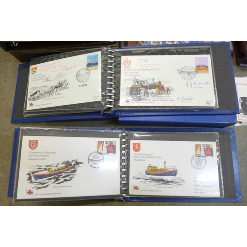 729 - Two small albums of first day covers, a part album of unused stamps, five empty stamp albums and a c... 