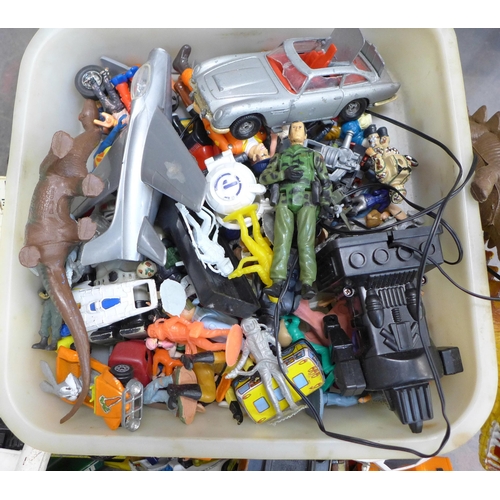 730 - A box of mixed die-cast model vehicles, Dinky, Corgi, etc., and toy soldiers