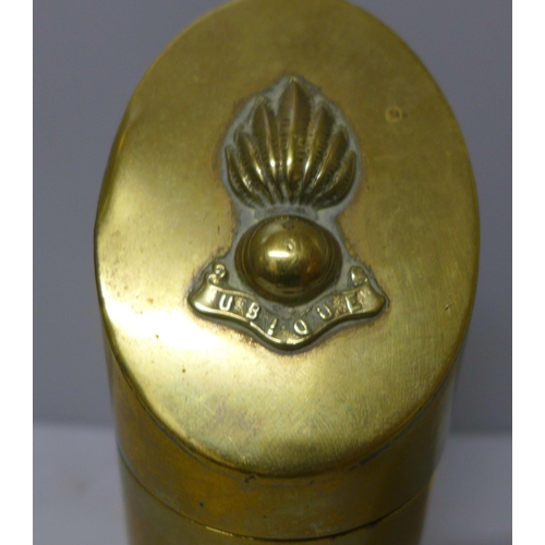 808 - A brass trench art table lighter, 14cm