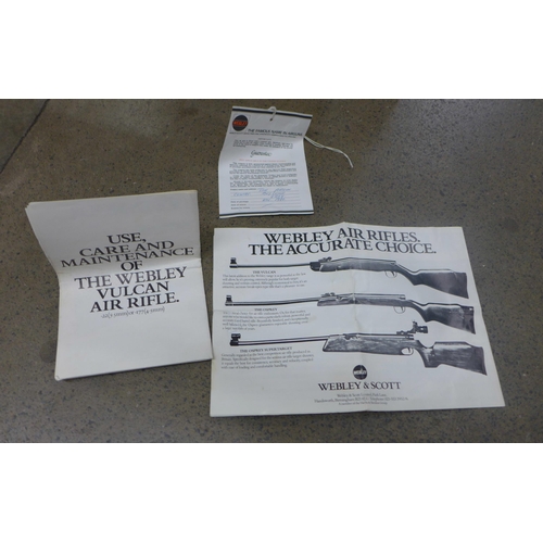 817 - A Webley Vulcan .22 calibre air rifle with purchase guarantee for 1980 and leather case