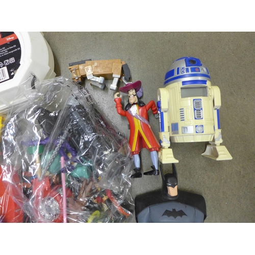 824 - A box of mixed retro 1980s, 1990s, 2000s toys; action figures and toys, Batman, Toy Story, Disney, S... 