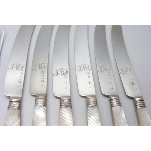 838 - Six silver knives and forks with mother of pearl handles, knives bear initials