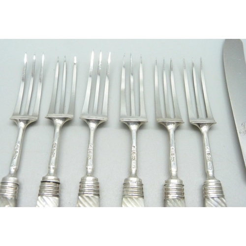 838 - Six silver knives and forks with mother of pearl handles, knives bear initials