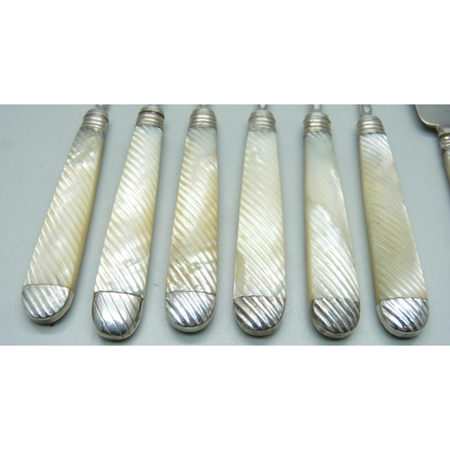 838 - Six silver knives and forks with mother of pearl handles, knives bear initials